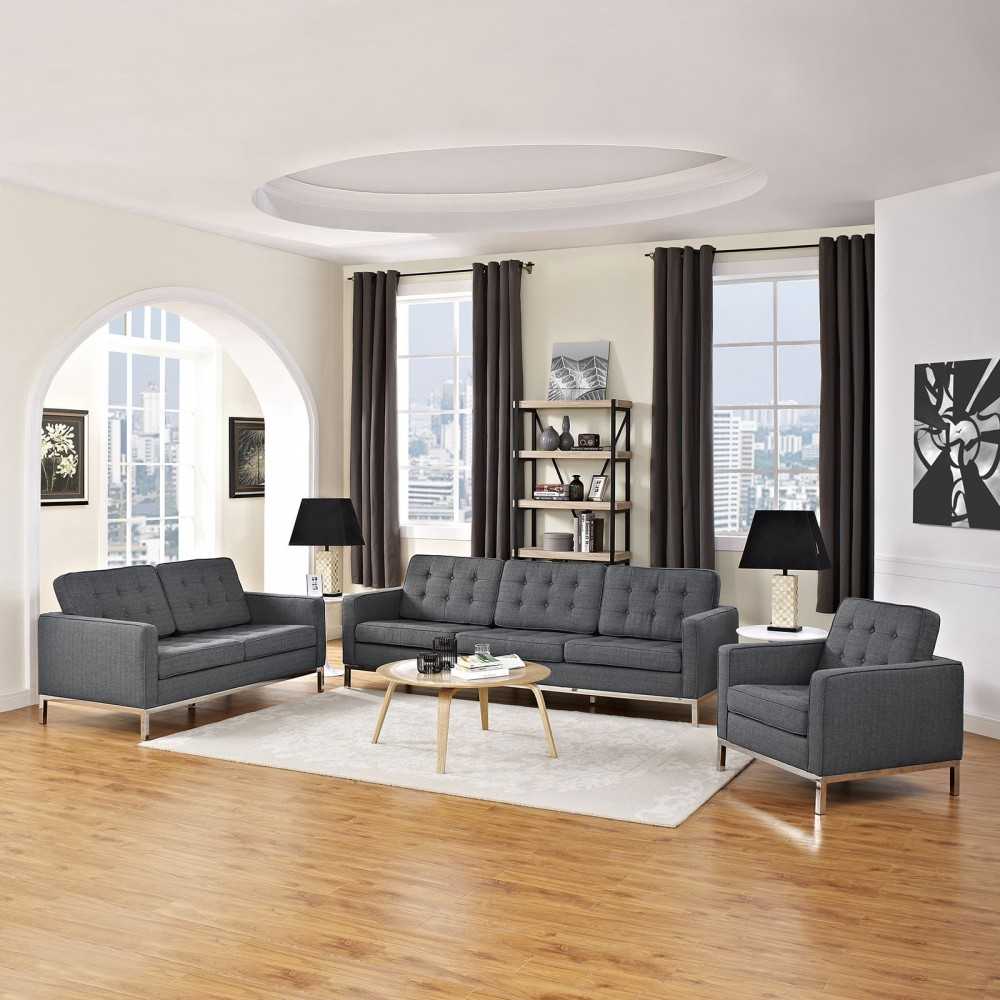 Loft 3 Piece Upholstered Fabric Sofa Loveseat and Armchair Set, Gray