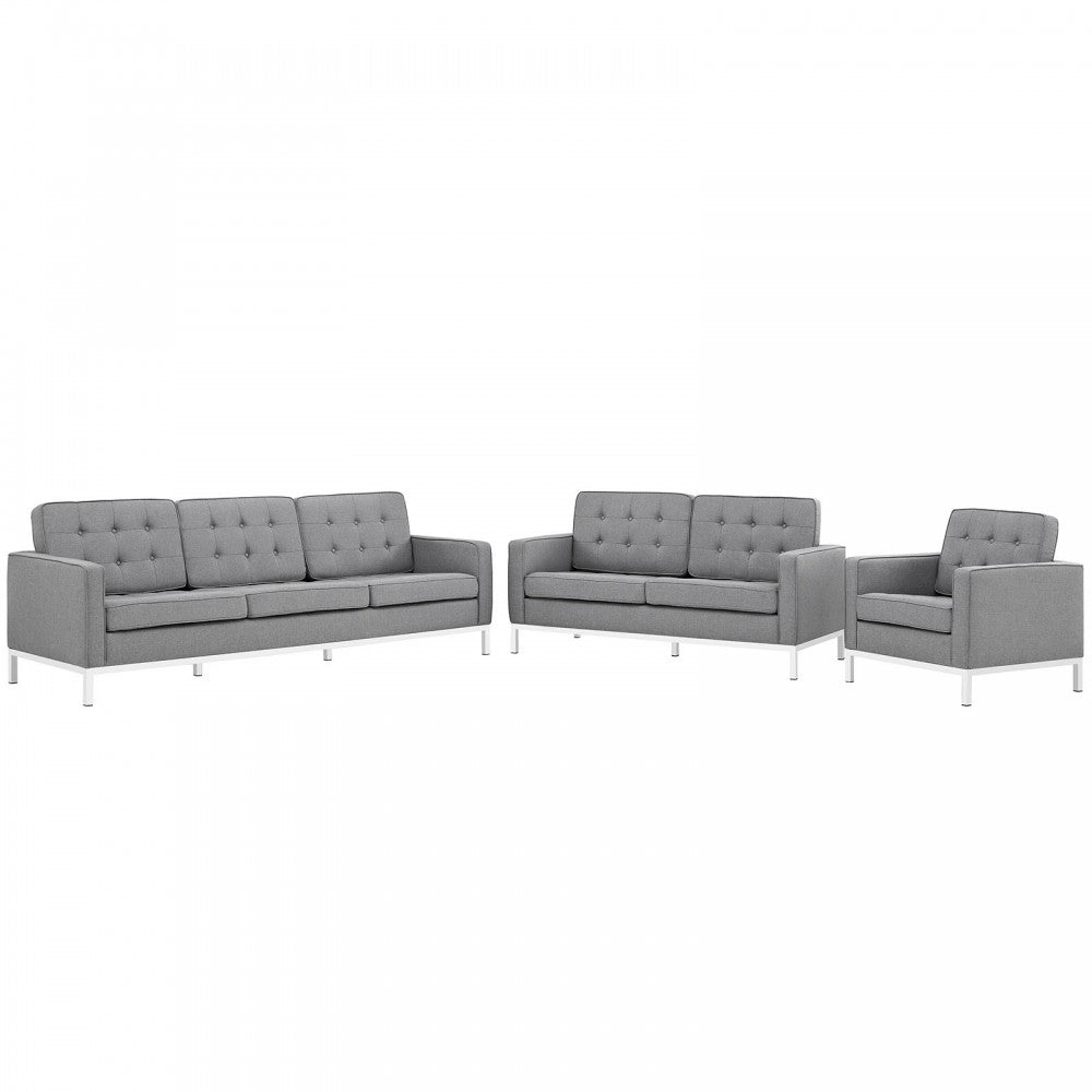 Loft 3 Piece Upholstered Fabric Sofa Loveseat and Armchair Set, Light Gray