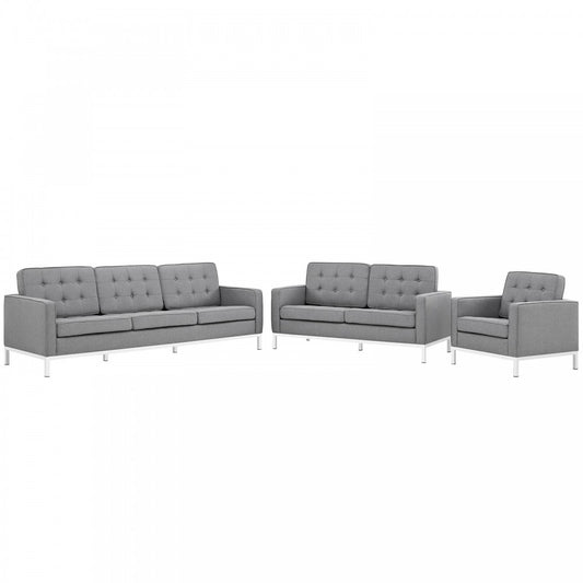 Loft 3 Piece Upholstered Fabric Sofa Loveseat and Armchair Set, Light Gray