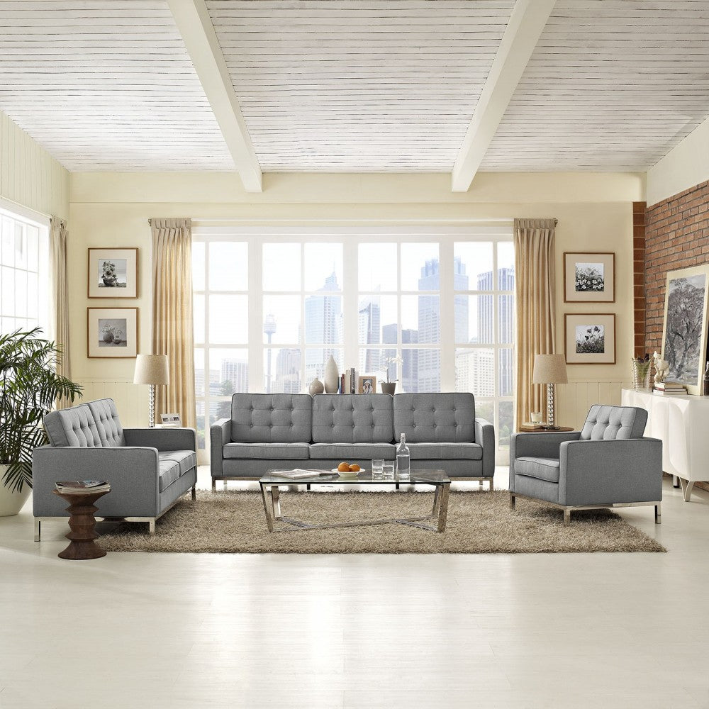 Loft 3 Piece Upholstered Fabric Sofa Loveseat and Armchair Set, Light Gray