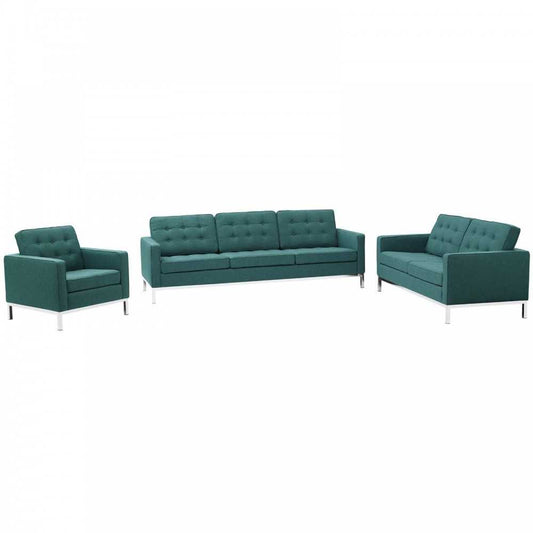 Loft 3 Piece Upholstered Fabric Sofa Loveseat and Armchair Set, Teal