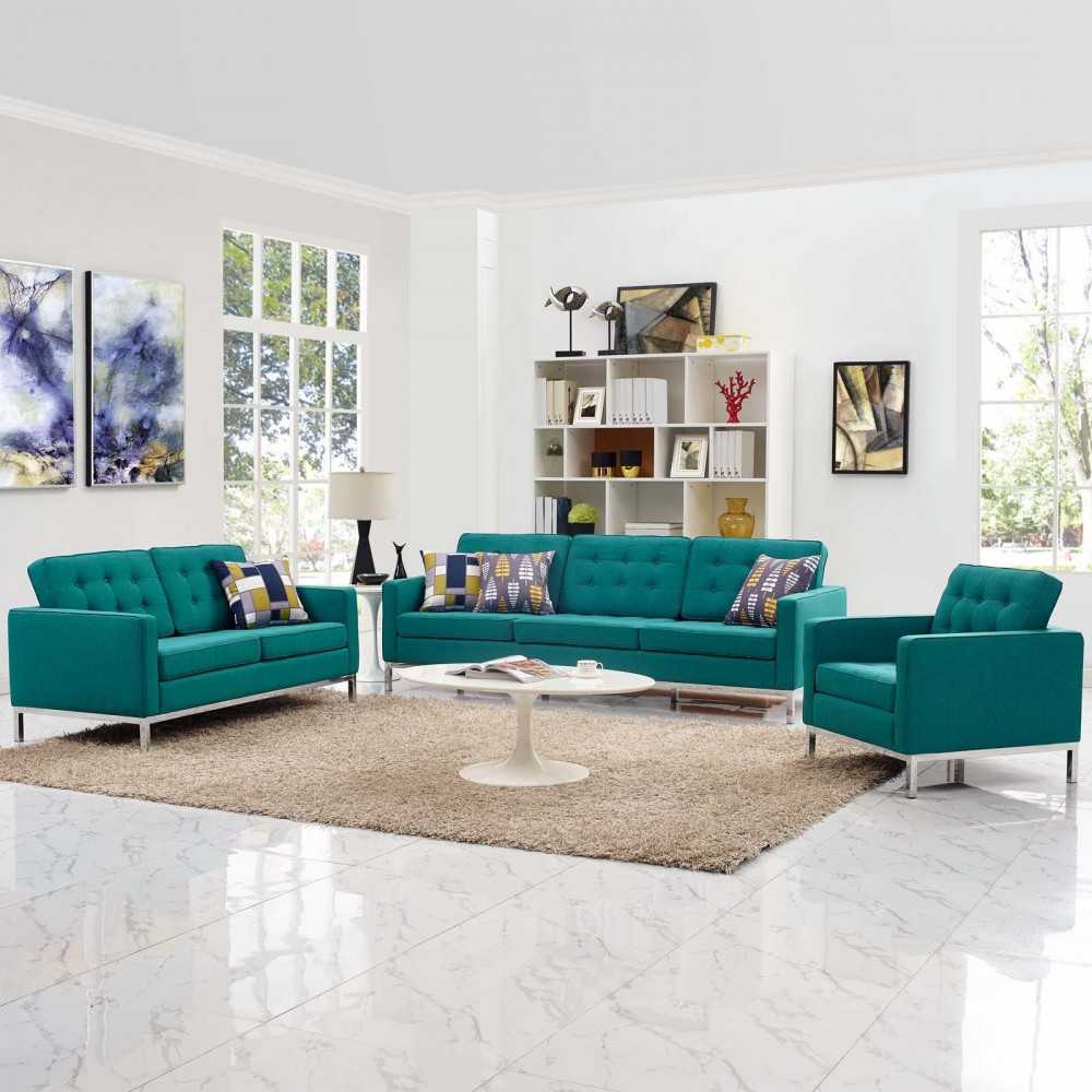 Loft 3 Piece Upholstered Fabric Sofa Loveseat and Armchair Set, Teal