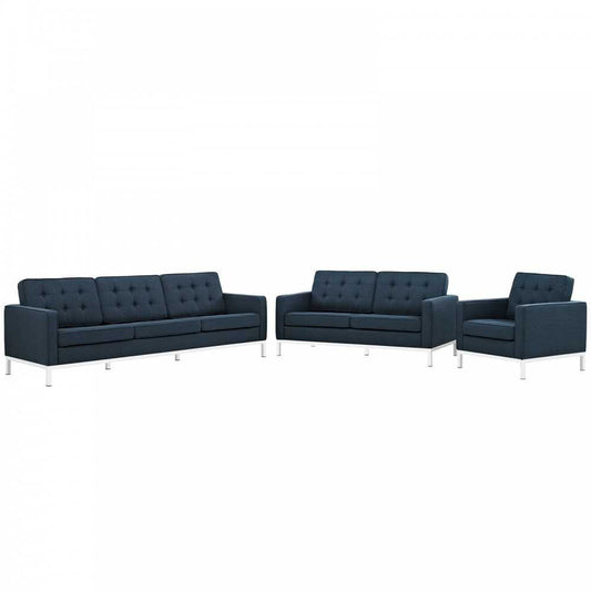 Loft 3 Piece Upholstered Fabric Sofa Loveseat and Armchair Set, Azure