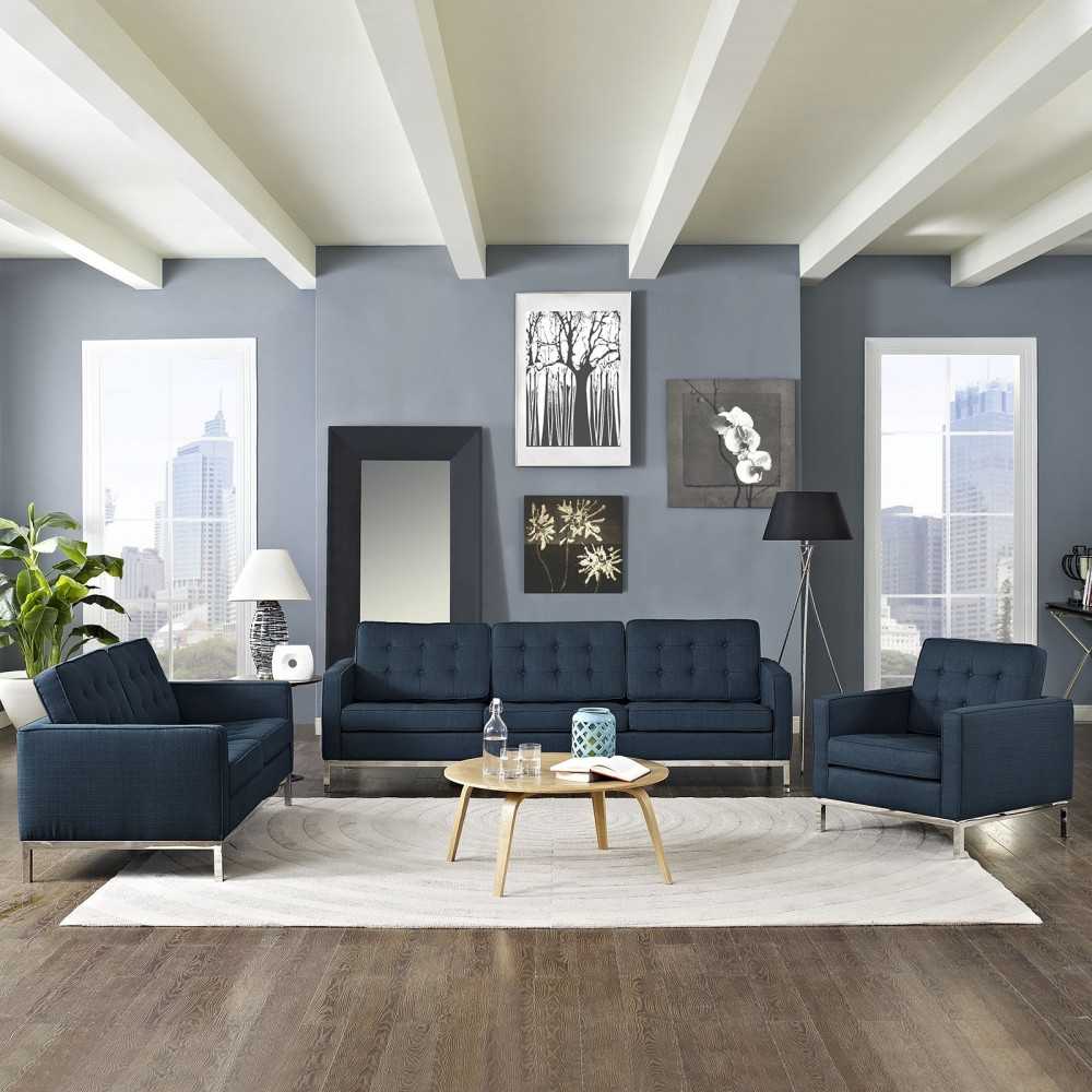 Loft 3 Piece Upholstered Fabric Sofa Loveseat and Armchair Set, Azure
