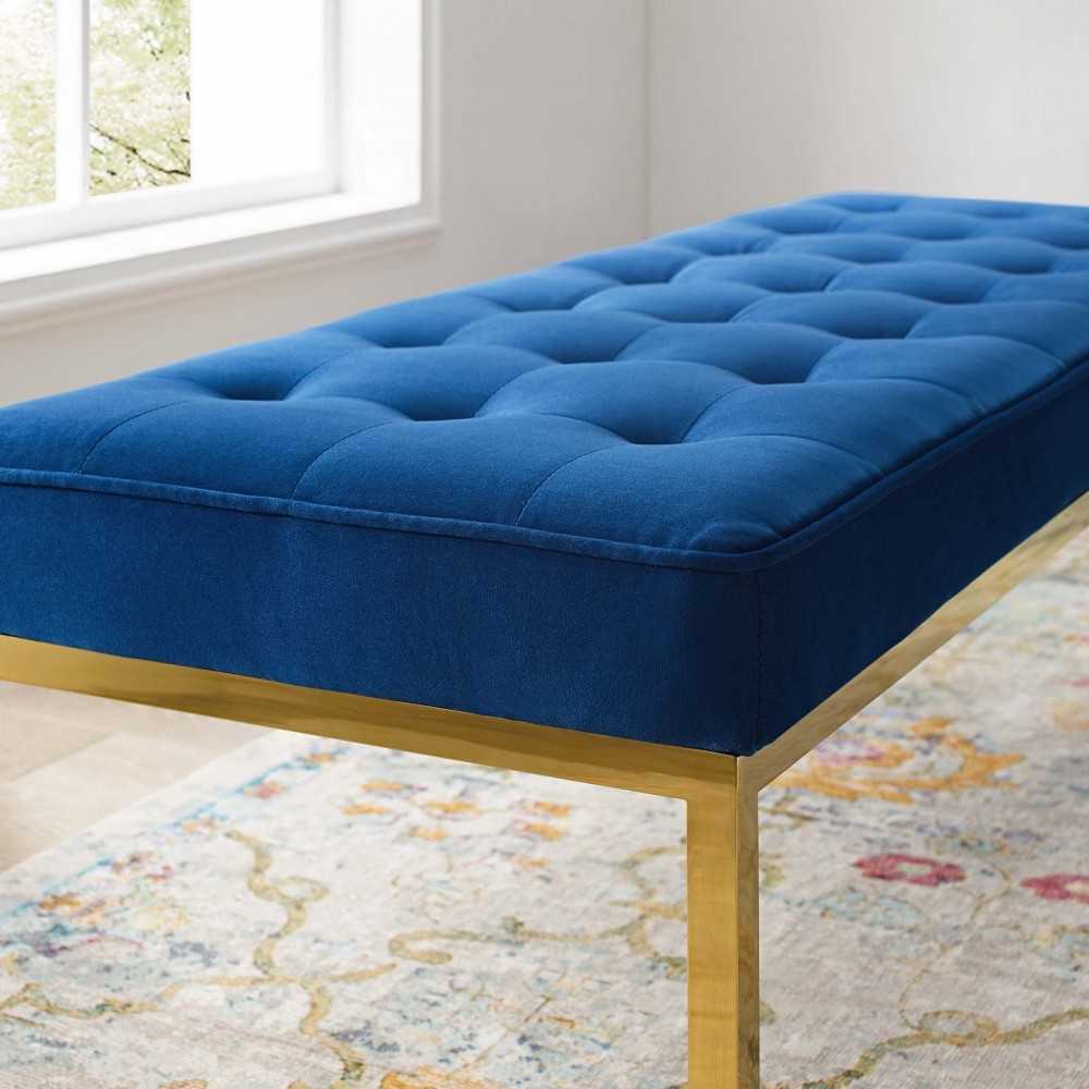 Loft Gold Stainless Steel Leg Large Performance Velvet Bench, Gold Navy