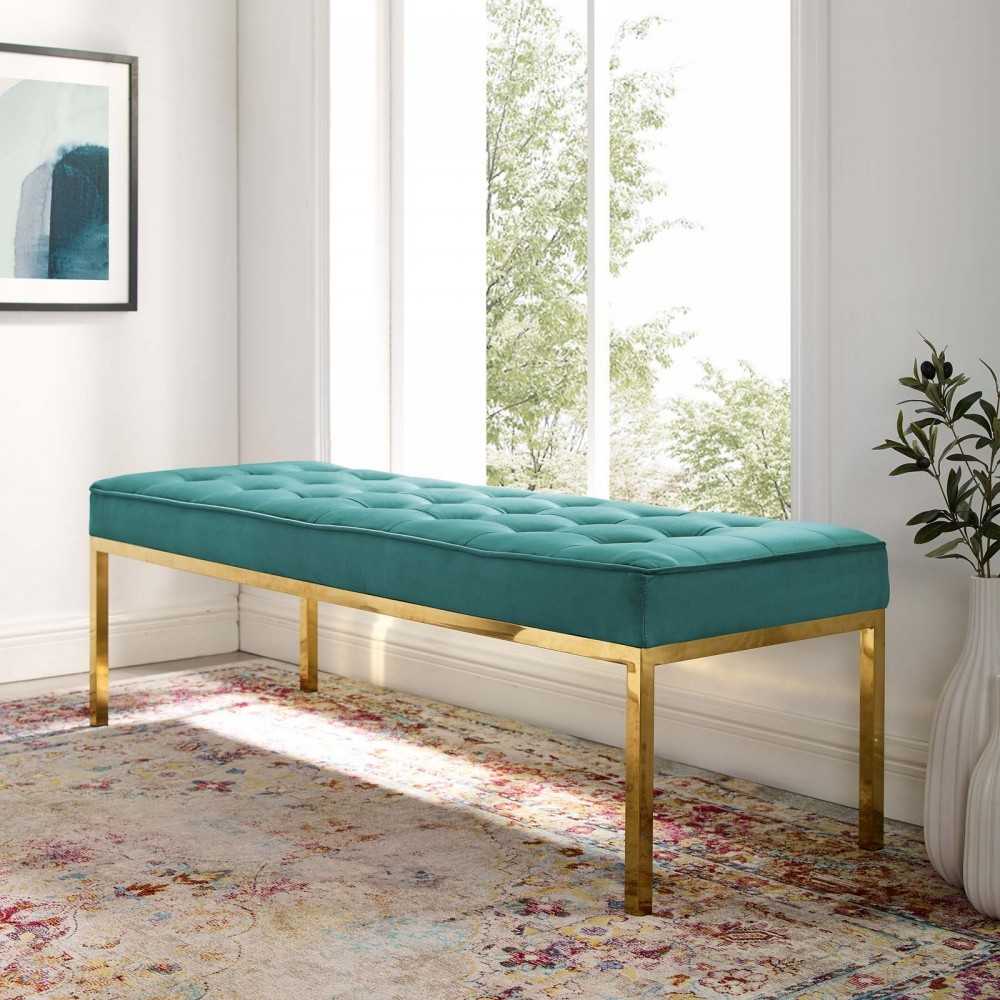 Loft Gold Stainless Steel Leg Large Performance Velvet Bench, Gold Teal