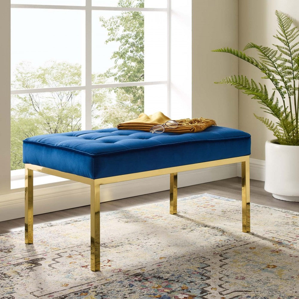 Loft Gold Stainless Steel Leg Medium Performance Velvet Bench, Gold Navy