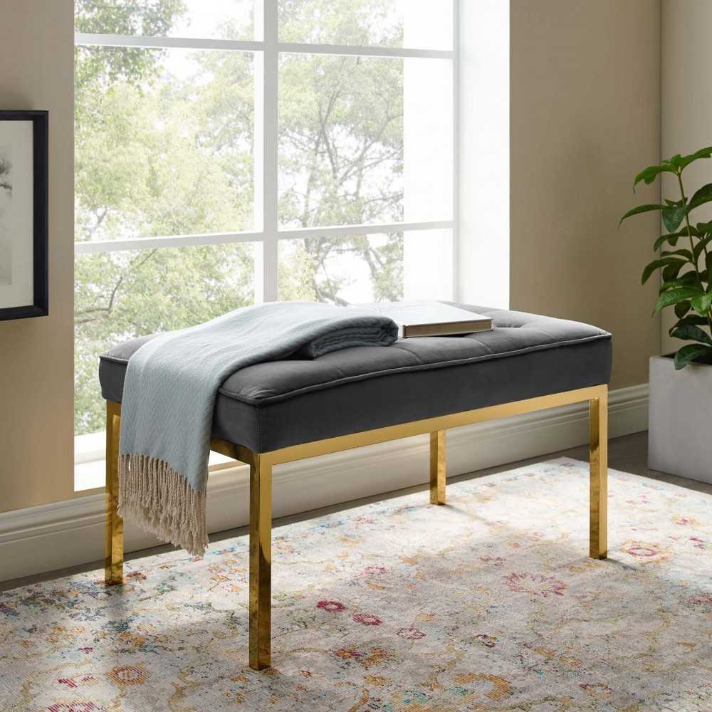 Loft Gold Stainless Steel Leg Medium Performance Velvet Bench, Gold Gray