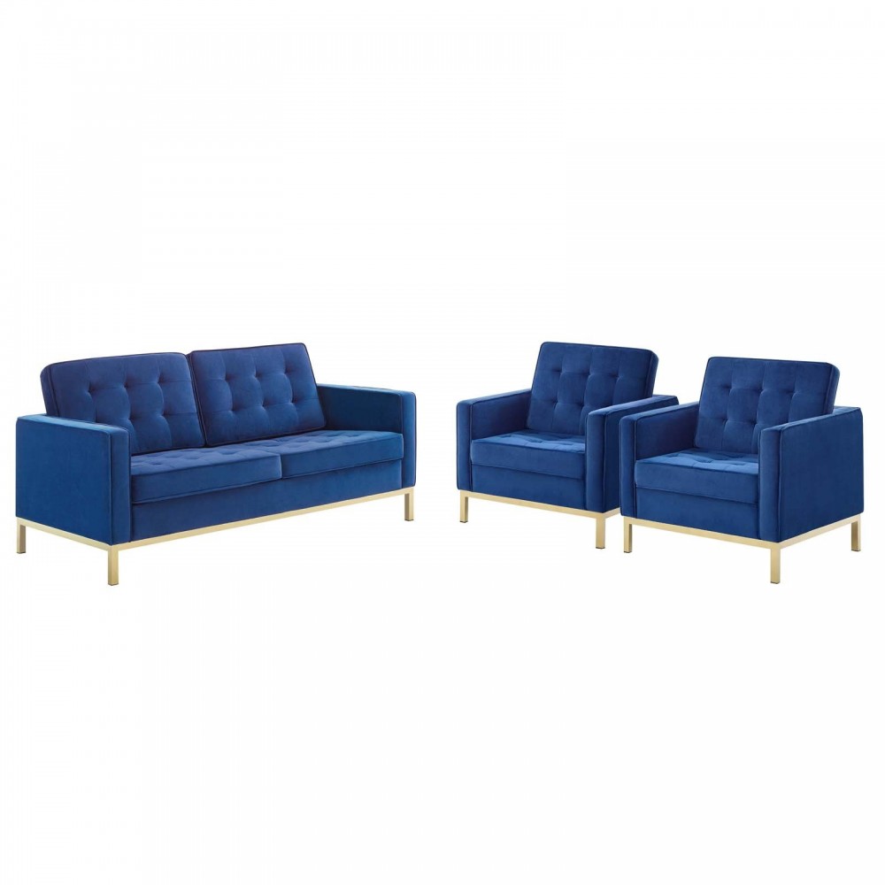 Loft Gold Stainless Steel Leg Performance Velvet 3 Piece Set, Gold Navy, EEI-4096-GLD-NAV-SET