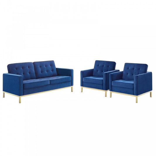 Loft Gold Stainless Steel Leg Performance Velvet 3 Piece Set, Gold Navy, EEI-4096-GLD-NAV-SET