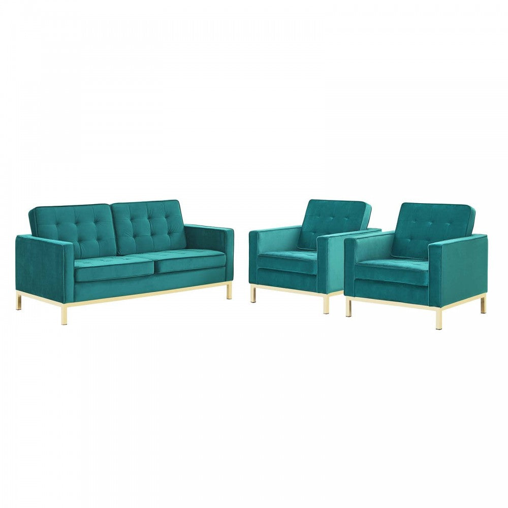 Loft Gold Stainless Steel Leg Performance Velvet 3 Piece Set, Gold Teal, EEI-4096-GLD-TEA-SET