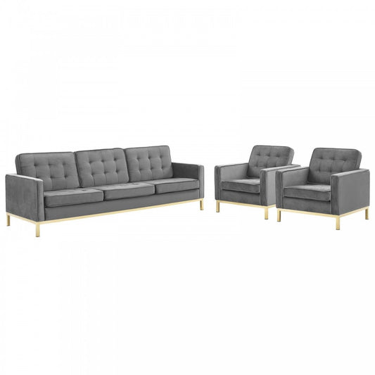 Loft Gold Stainless Steel Leg Performance Velvet 3 Piece Set, Gold Gray, EEI-4098-GLD-GRY-SET