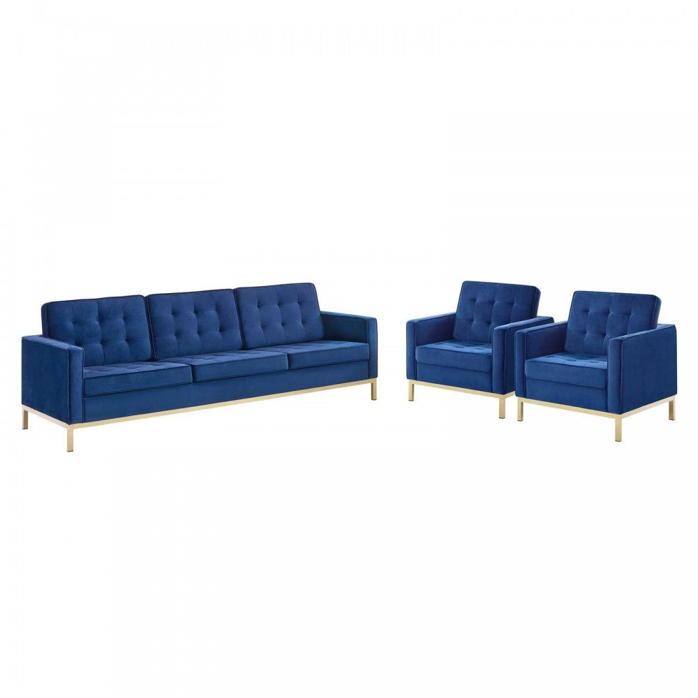 Loft Gold Stainless Steel Leg Performance Velvet 3 Piece Set, Gold Navy, EEI-4098-GLD-NAV-SET