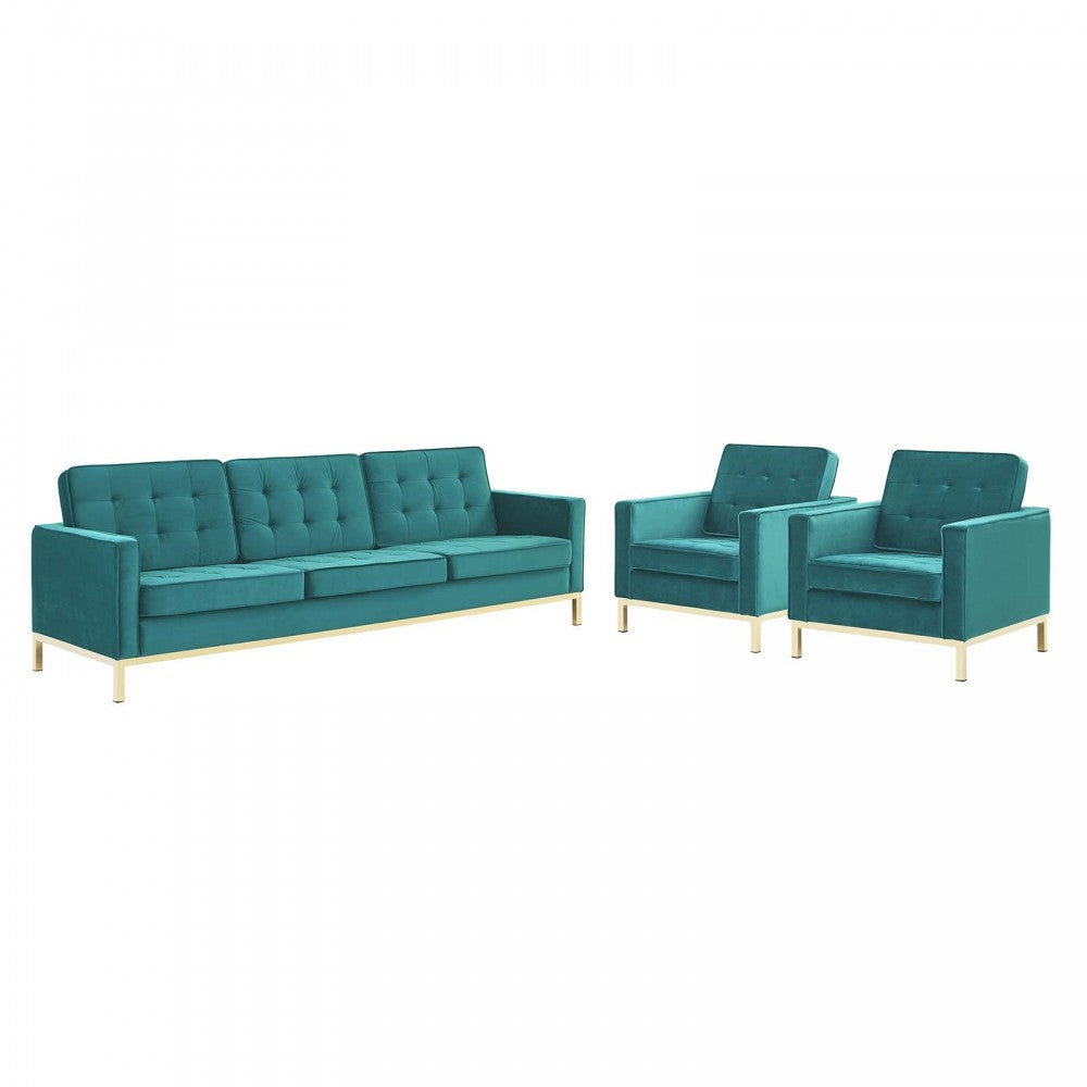 Loft Gold Stainless Steel Leg Performance Velvet 3 Piece Set, Gold Teal, EEI-4098-GLD-TEA-SET