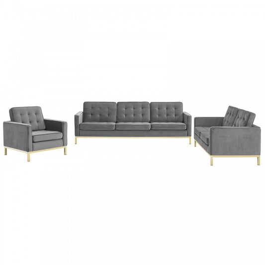 Loft Gold Stainless Steel Leg Performance Velvet 3 Piece Set, Gold Gray, EEI-4100-GLD-GRY-SET