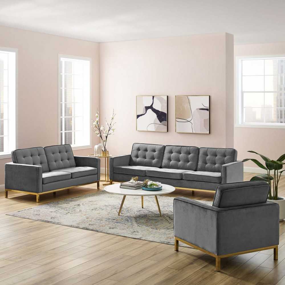 Loft Gold Stainless Steel Leg Performance Velvet 3 Piece Set, Gold Gray, EEI-4100-GLD-GRY-SET