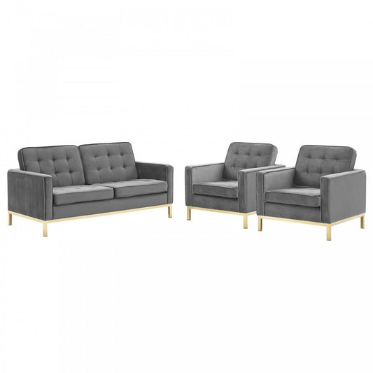 Loft Gold Stainless Steel Leg Performance Velvet 3 Piece Set, Gold Gray, EEI-4096-GLD-GRY-SET