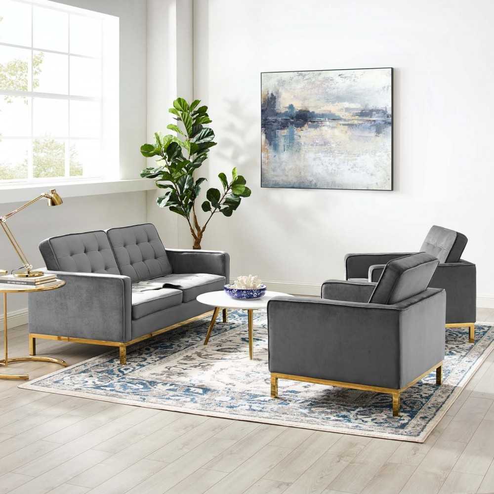 Loft Gold Stainless Steel Leg Performance Velvet 3 Piece Set, Gold Gray, EEI-4096-GLD-GRY-SET