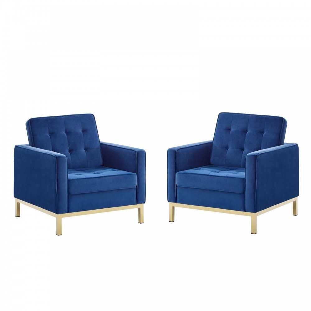 Loft Gold Stainless Steel Leg Performance Velvet Armchair Set of 2, Gold Navy