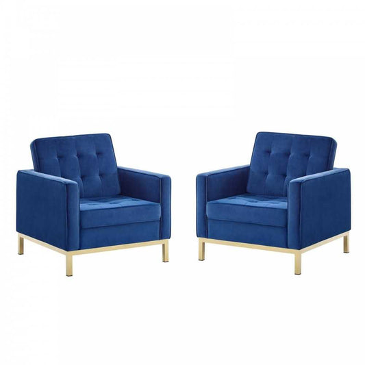 Loft Gold Stainless Steel Leg Performance Velvet Armchair Set of 2, Gold Navy