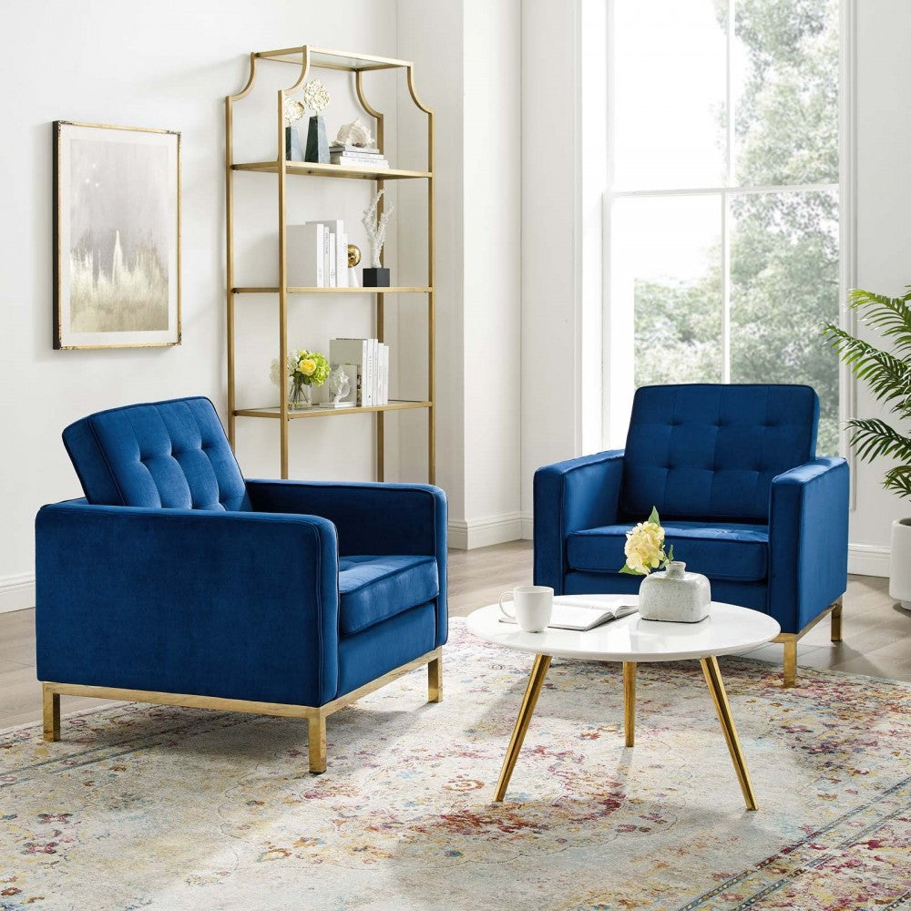 Loft Gold Stainless Steel Leg Performance Velvet Armchair Set of 2, Gold Navy