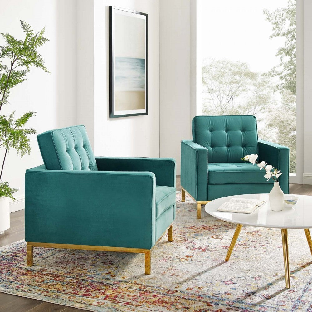 Loft Gold Stainless Steel Leg Performance Velvet Armchair Set of 2, Gold Teal