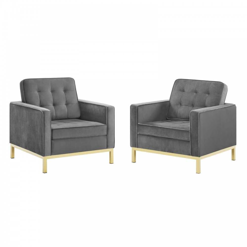 Loft Gold Stainless Steel Leg Performance Velvet Armchair Set of 2, Gold Gray