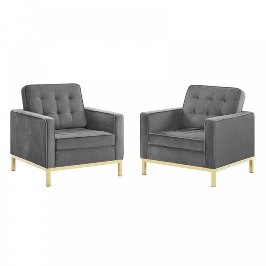 Loft Gold Stainless Steel Leg Performance Velvet Armchair Set of 2, Gold Gray