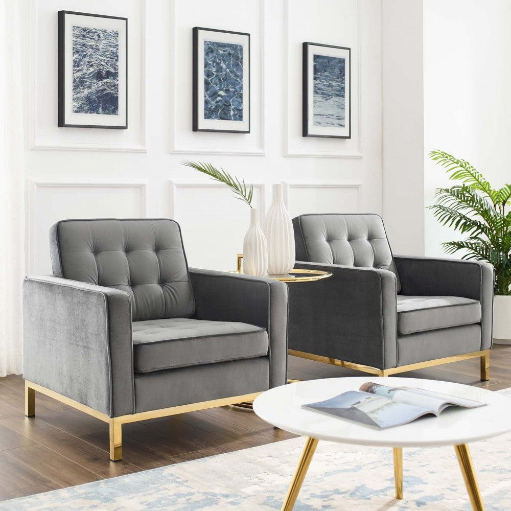 Loft Gold Stainless Steel Leg Performance Velvet Armchair Set of 2, Gold Gray