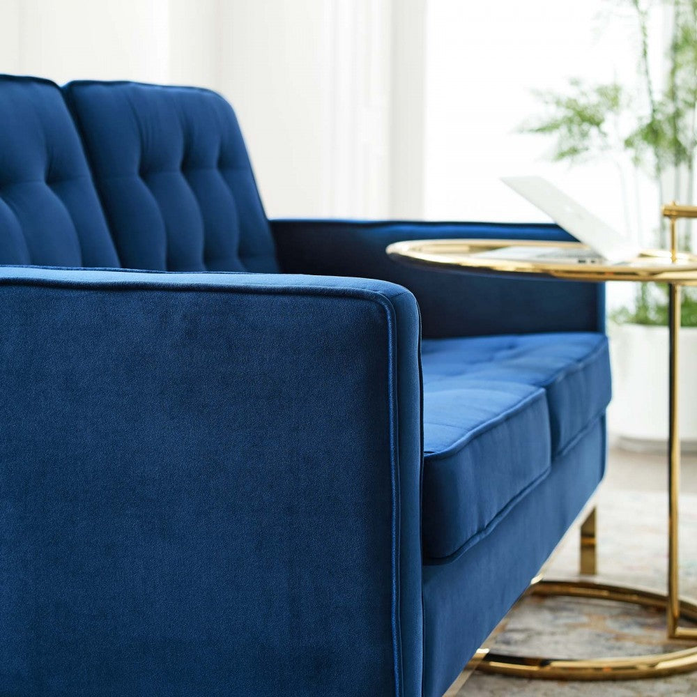 Loft Gold Stainless Steel Leg Performance Velvet Loveseat, Gold Navy