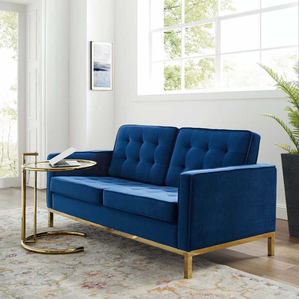 Loft Gold Stainless Steel Leg Performance Velvet Loveseat, Gold Navy