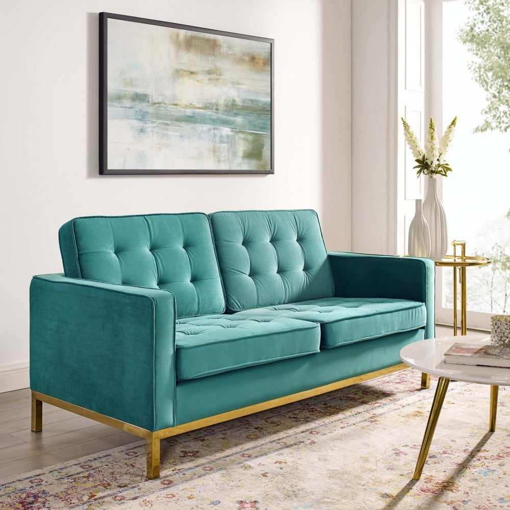Loft Gold Stainless Steel Leg Performance Velvet Loveseat, Gold Teal