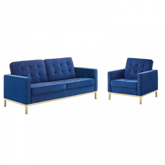 Loft Gold Stainless Steel Leg Performance Velvet Loveseat and Armchair Set, Gold Navy