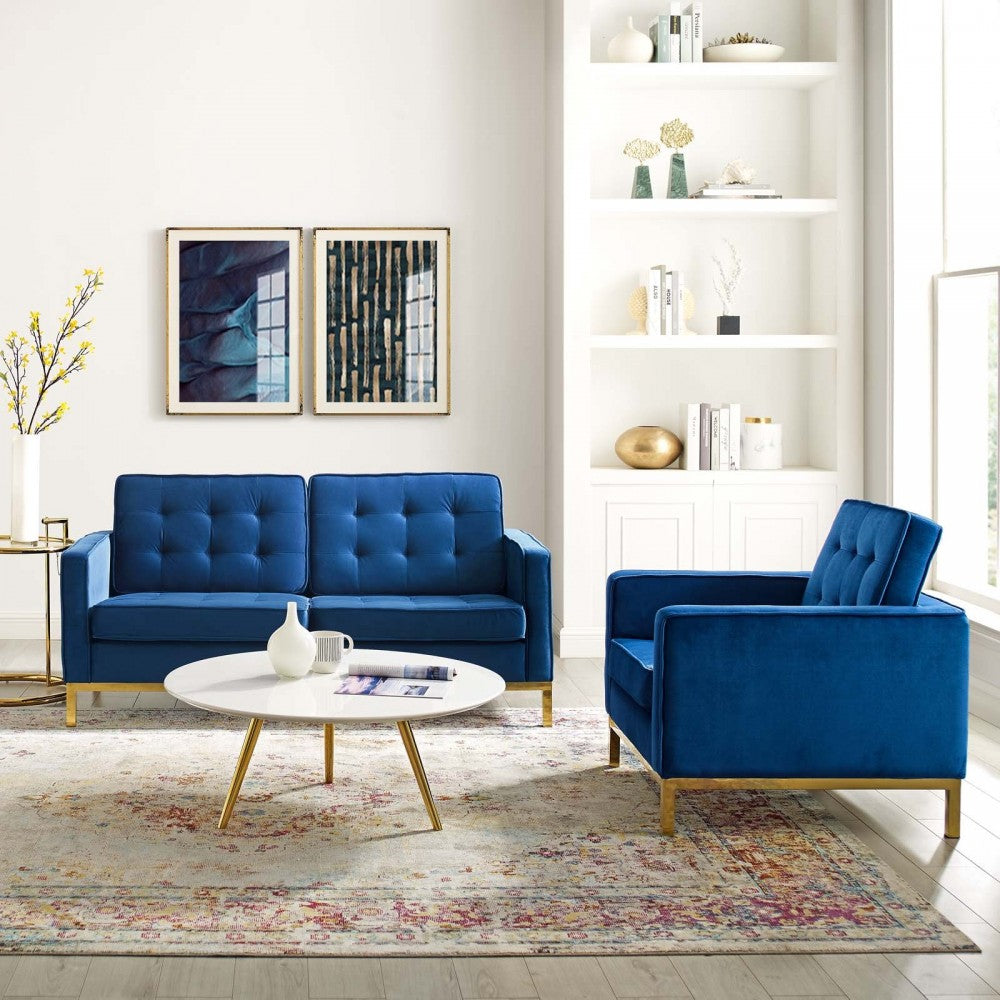 Loft Gold Stainless Steel Leg Performance Velvet Loveseat and Armchair Set, Gold Navy