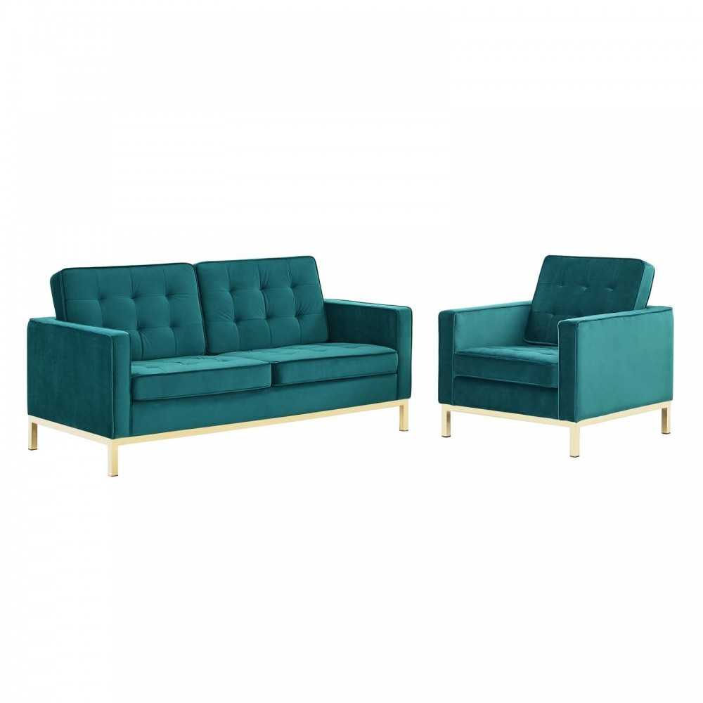 Loft Gold Stainless Steel Leg Performance Velvet Loveseat and Armchair Set, Gold Teal