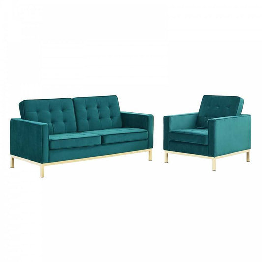 Loft Gold Stainless Steel Leg Performance Velvet Loveseat and Armchair Set, Gold Teal