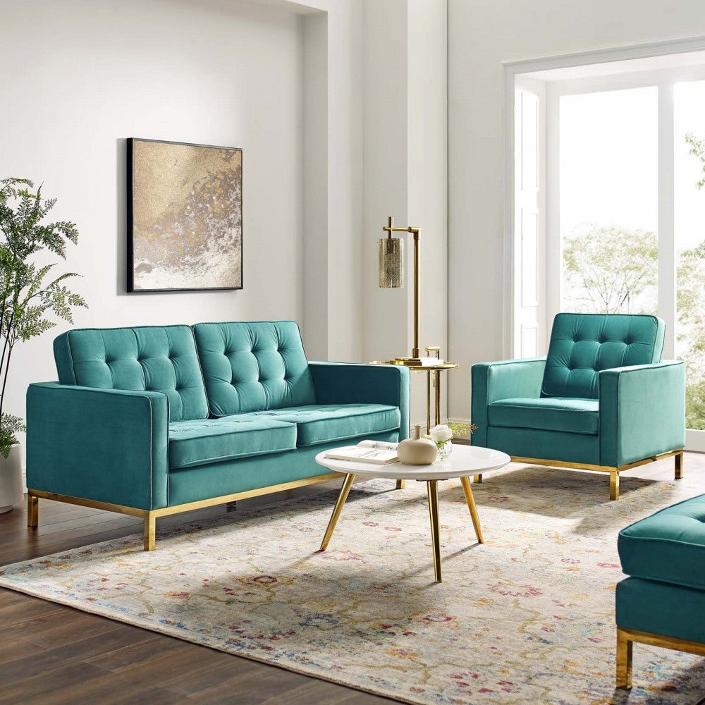 Loft Gold Stainless Steel Leg Performance Velvet Loveseat and Armchair Set, Gold Teal