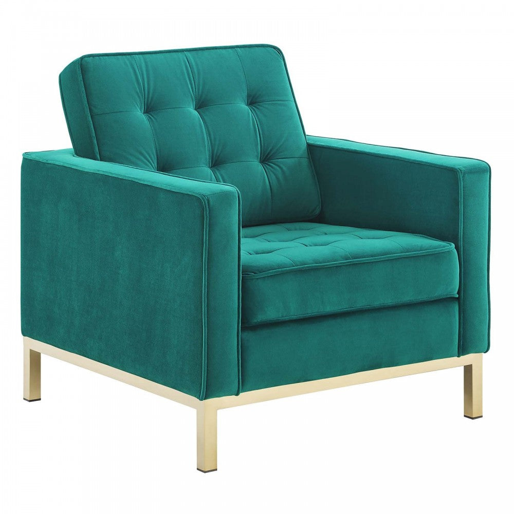 Loft Gold Stainless Steel Leg Performance Velvet Loveseat and Armchair Set, Gold Teal