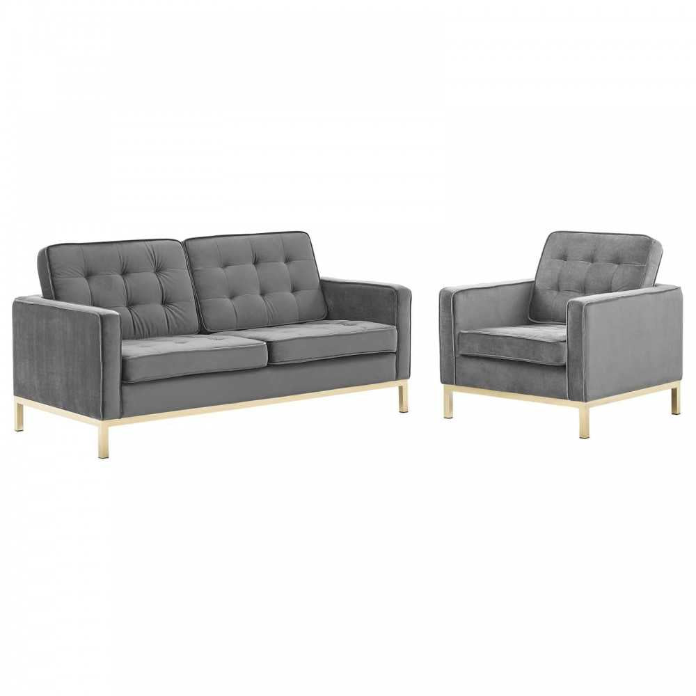 Loft Gold Stainless Steel Leg Performance Velvet Loveseat and Armchair Set, Gold Gray