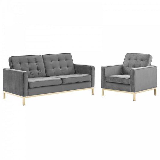 Loft Gold Stainless Steel Leg Performance Velvet Loveseat and Armchair Set, Gold Gray
