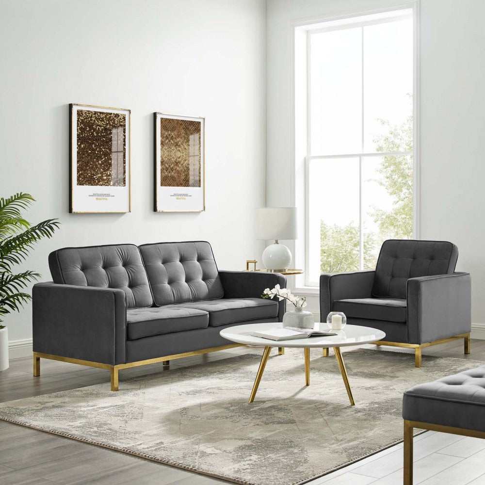Loft Gold Stainless Steel Leg Performance Velvet Loveseat and Armchair Set, Gold Gray