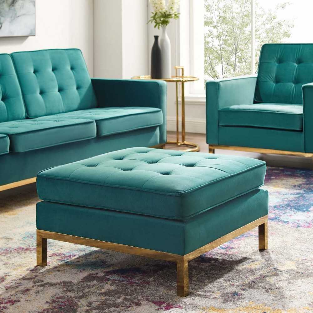 Loft Gold Stainless Steel Leg Performance Velvet Ottoman, Gold Teal