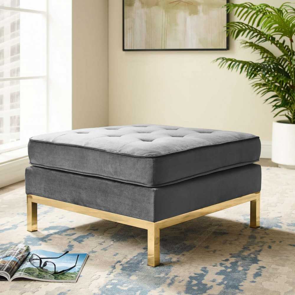 Loft Gold Stainless Steel Leg Performance Velvet Ottoman, Gold Gray