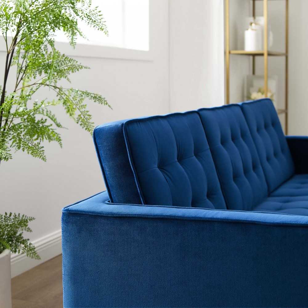 Loft Gold Stainless Steel Leg Performance Velvet Sofa, Gold Navy
