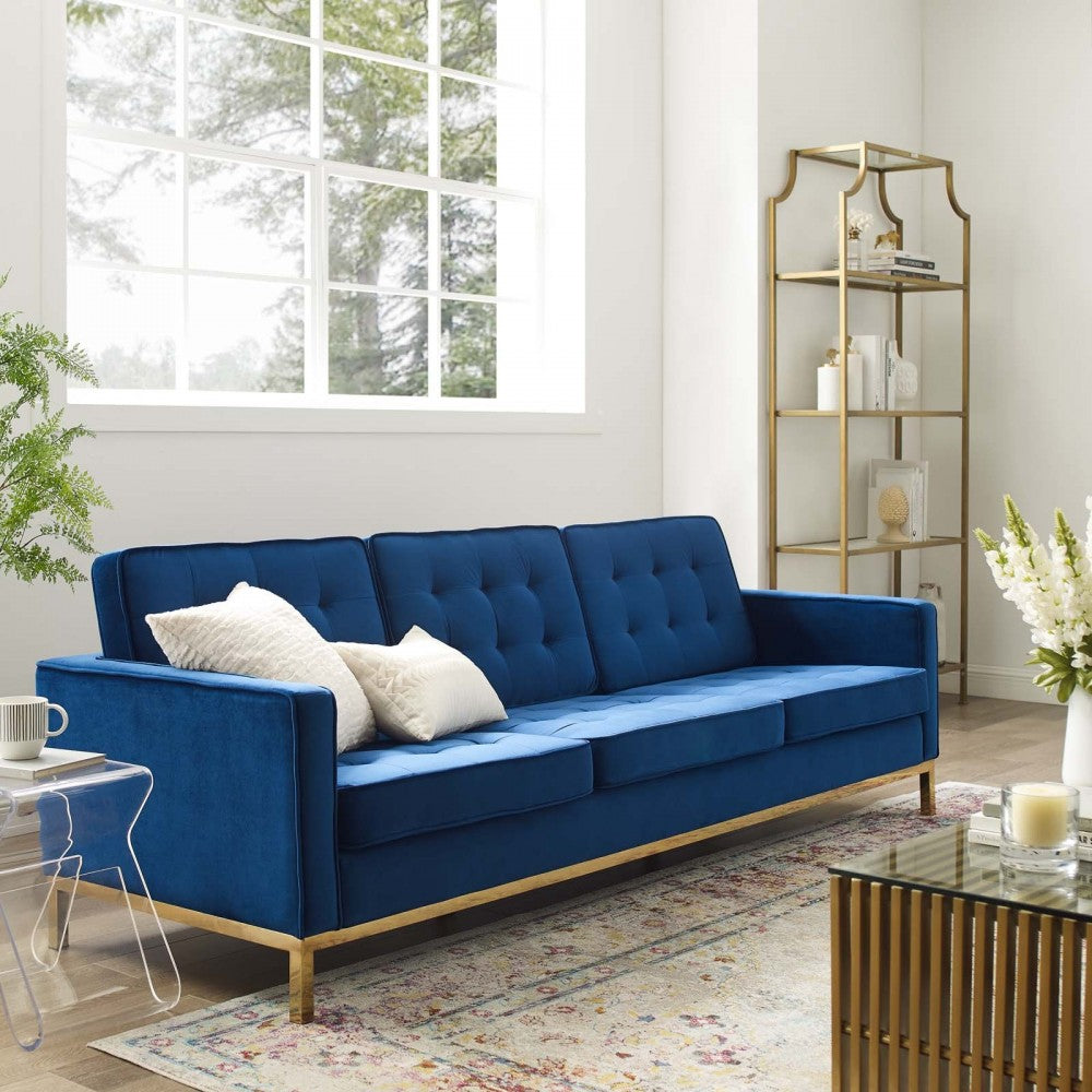 Loft Gold Stainless Steel Leg Performance Velvet Sofa, Gold Navy