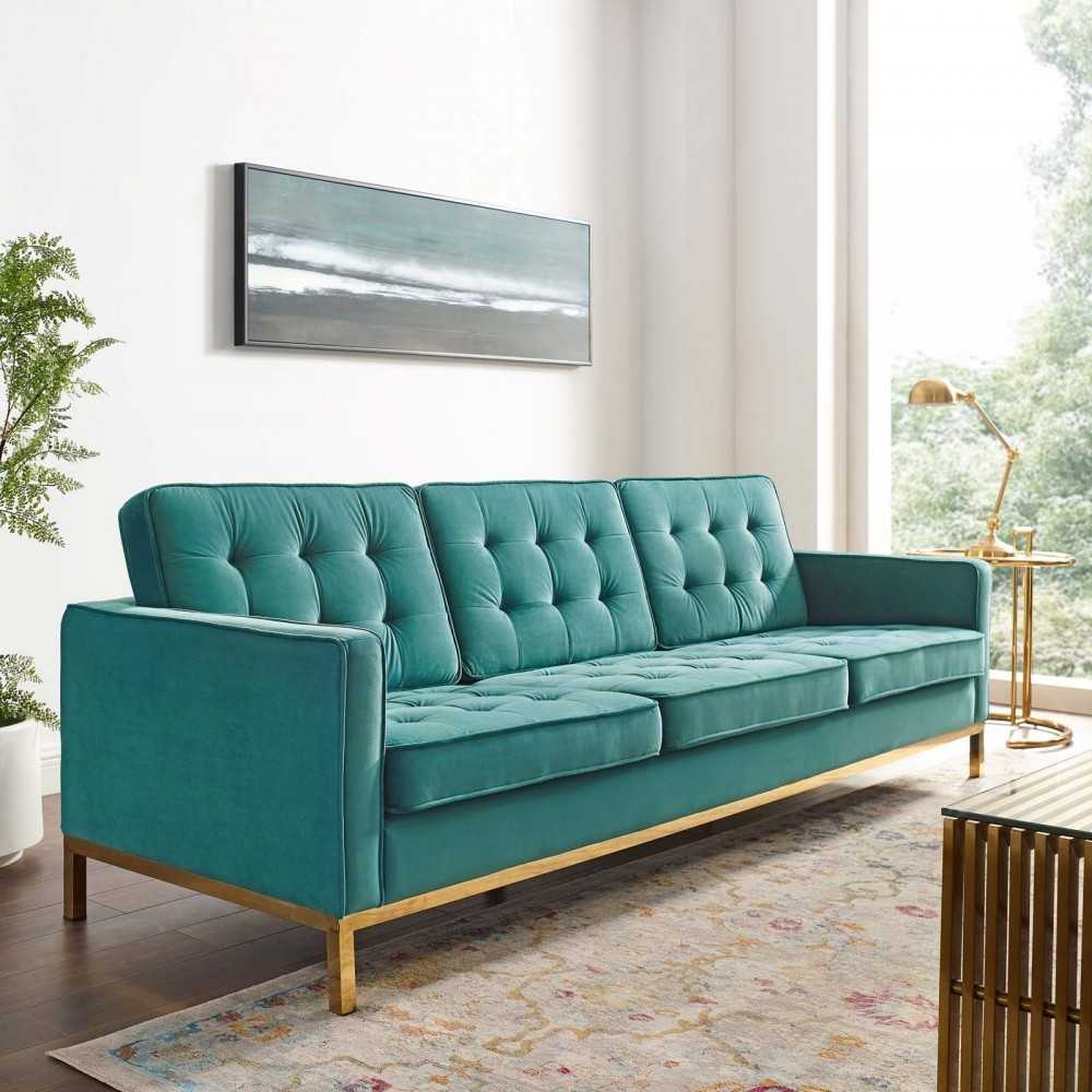 Loft Gold Stainless Steel Leg Performance Velvet Sofa, Gold Teal