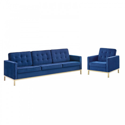 Loft Gold Stainless Steel Leg Performance Velvet Sofa and Armchair Set, Gold Navy