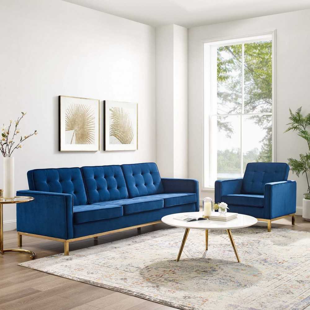 Loft Gold Stainless Steel Leg Performance Velvet Sofa and Armchair Set, Gold Navy