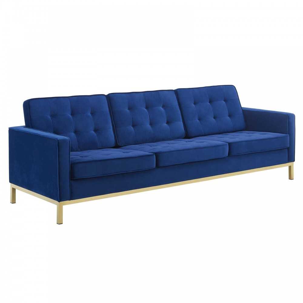 Loft Gold Stainless Steel Leg Performance Velvet Sofa and Armchair Set, Gold Navy