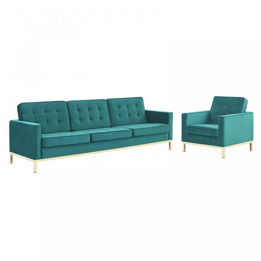 Loft Gold Stainless Steel Leg Performance Velvet Sofa and Armchair Set, Gold Teal
